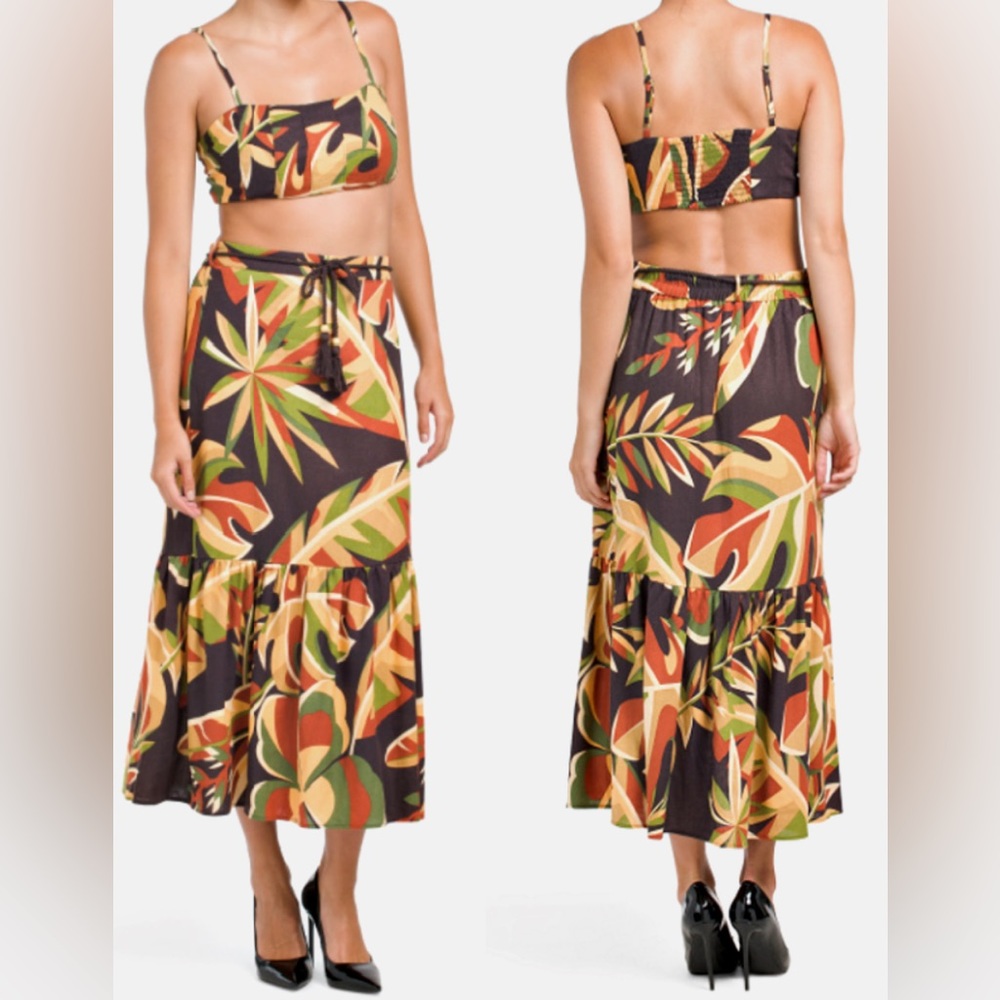 HOUSE OF HARLOW 1960 Linen Blend Smocked Crop Top and Tiered Maxi Skirt …